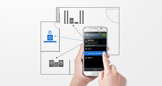 Ilustracja przedstawiająca dłonie trzymające smartfon Samsung z włączoną funkcją Bluetooth Power On, na tle planu mieszkania z pokazanymi systemami audio.