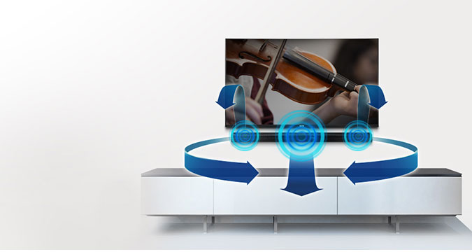 Ilustracja przedstawiająca płaski Samsung Soundbar w kolorze czarnym, zawieszony pod wiszącym telewizorem Samsung.  Z głośników wydobywają się strzałki i okręgi pokazujące, jak rozchodzi się dźwięk przestrzenny Soundbara.