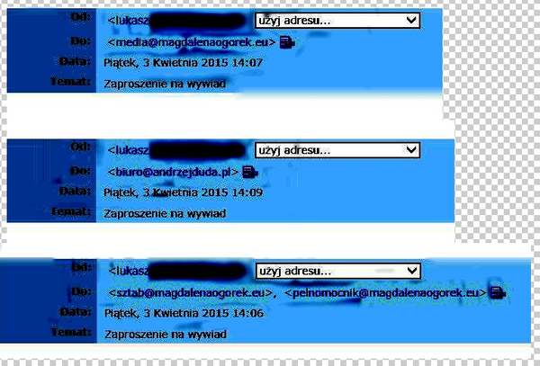 Rzekomo "zmodyfikowane" pola adresów maili, skierowanych do kandydatów