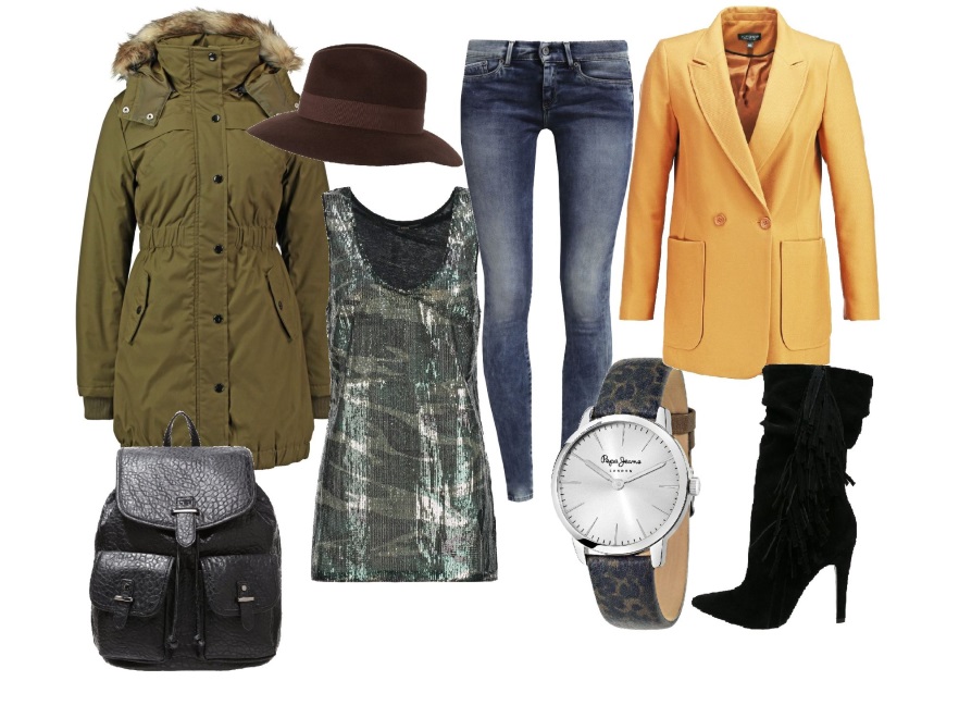 Kapelusz – Sisley 169 zł, marynarka – Top Shop 329 zł, buty – Aldo 599 zł, T-shirt – GUESS 299 zł, parka – Ichi 349 zł, dżinsy – Pepe Jeans 399 zł, plecak – Tom Tailor 239 zł, zegarek – Pepe Jeans 459 zł