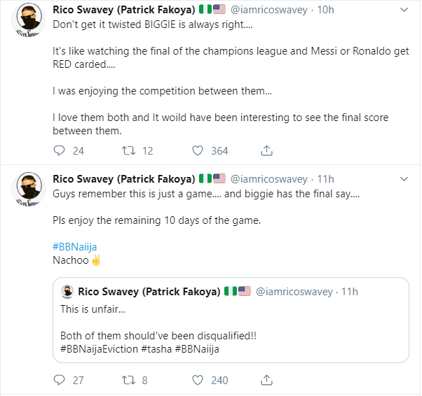 Rico Swavey expressed his thoughts on the disqualification of Tacha from BB Naija 2019. [Twitter/ricoswavey]