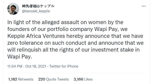 This is a statement that was issued by a representative of the Japanese VC firm following the incident.