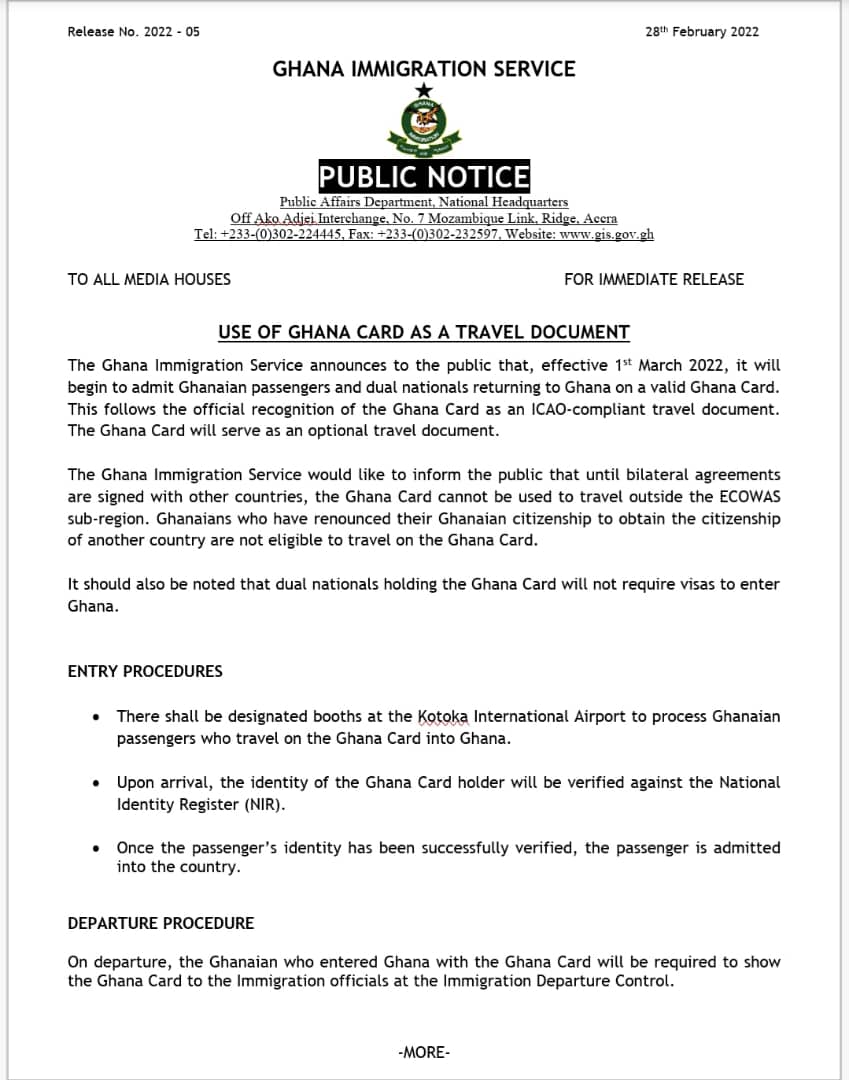 Ghanaians returning to the country can use Ghana Card as e-passport