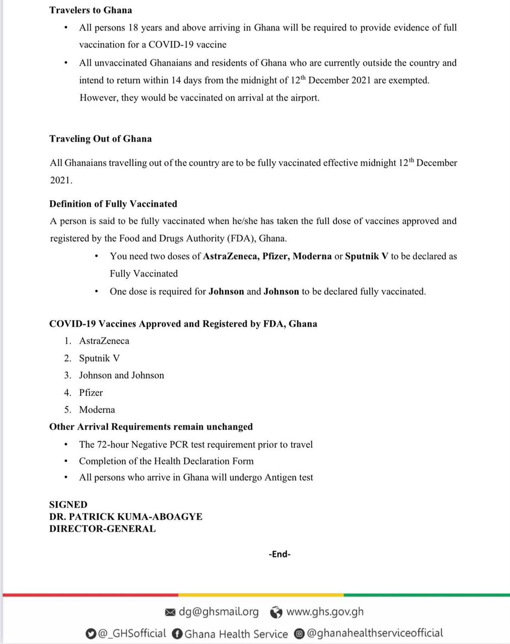 COVID-19: GHS reviews protocols at KIA for international travellers