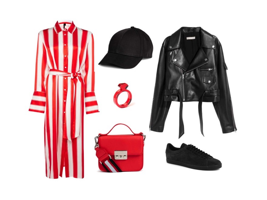 Sukienka: Topshop; kurtka, czapeczka, torba: H&M; pierścionek: Pakamera; buty: Le Coq Sportif.