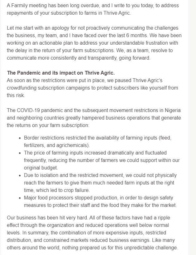 Email from Thrive Agric says the company's business model has been affected by the COVID-19 pandemic