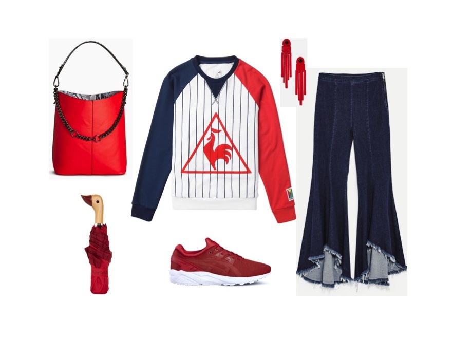 Bluza: Le Coq Sportif; spodnie: Zara; torba, parasol, kolczyki: Topshop; buty: ASICS.