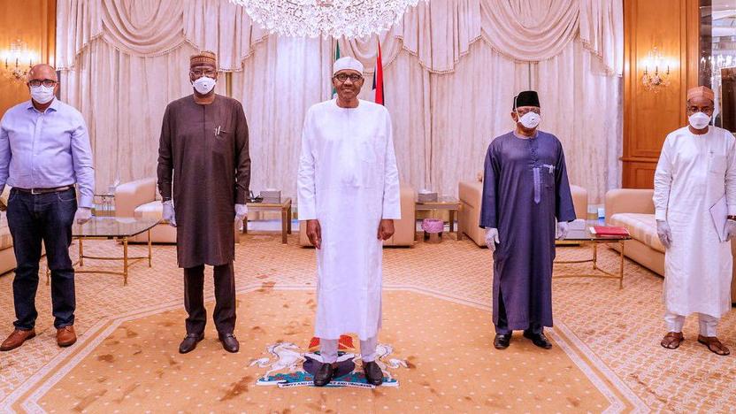 The Presidential Task Force on Control of COVID-19 led by Boss Mustapha (2nd from left) and Ehanire (2nd from right) briefed President Buhari on Friday, April 10, 2020 (Twitter @Mbuhari)