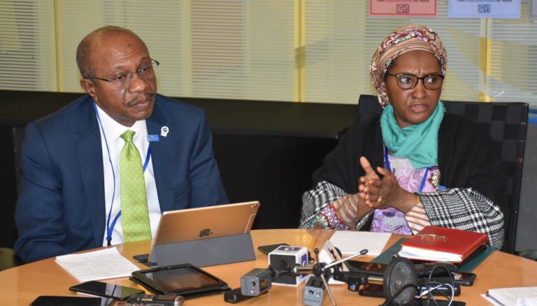 The Governor, Central Bank of Nigeria, Mr Godwin Emefiele, with the Minister of Finance, Budget and National Planning, Mrs. Zainab Ahmed, at the news briefing on Nigeria’s participation in the just-concluded World Bank/IMF Annual Meetings in Washington, United States on Sunday, Oct. 20, 2019. (NAN)