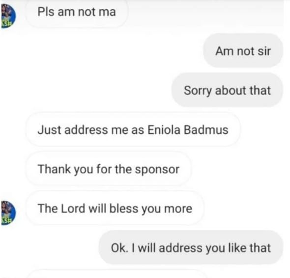 The alleged conversation between Eniola Badmus and the sponsor [Laila]