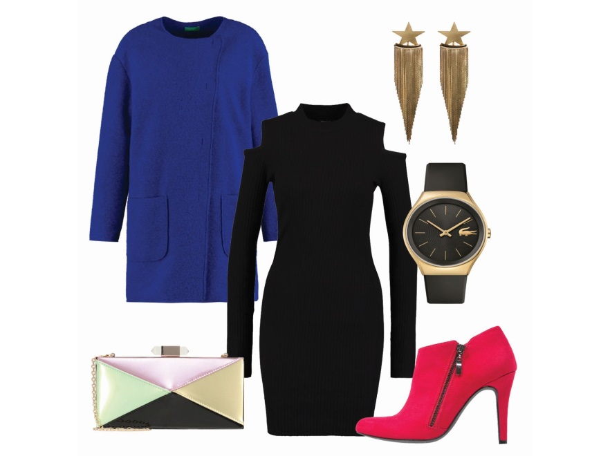 Sukienka – River Island 159 zł, zegarek – Lacoste 755 zł, buty – Anna Field 129 zł, płaszcz – Benetton 379 zł, kopertówka – Glamorous 109 zł, kolczyki – Ivyrevel 189 zł.