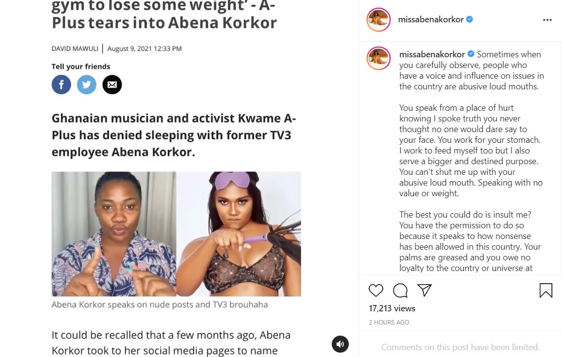 Abena Korkor fires back at A Plus