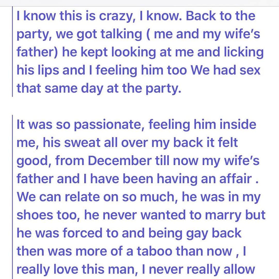I’ve been sleeping with my wife’s father since December last year; I love this man – Man confesses