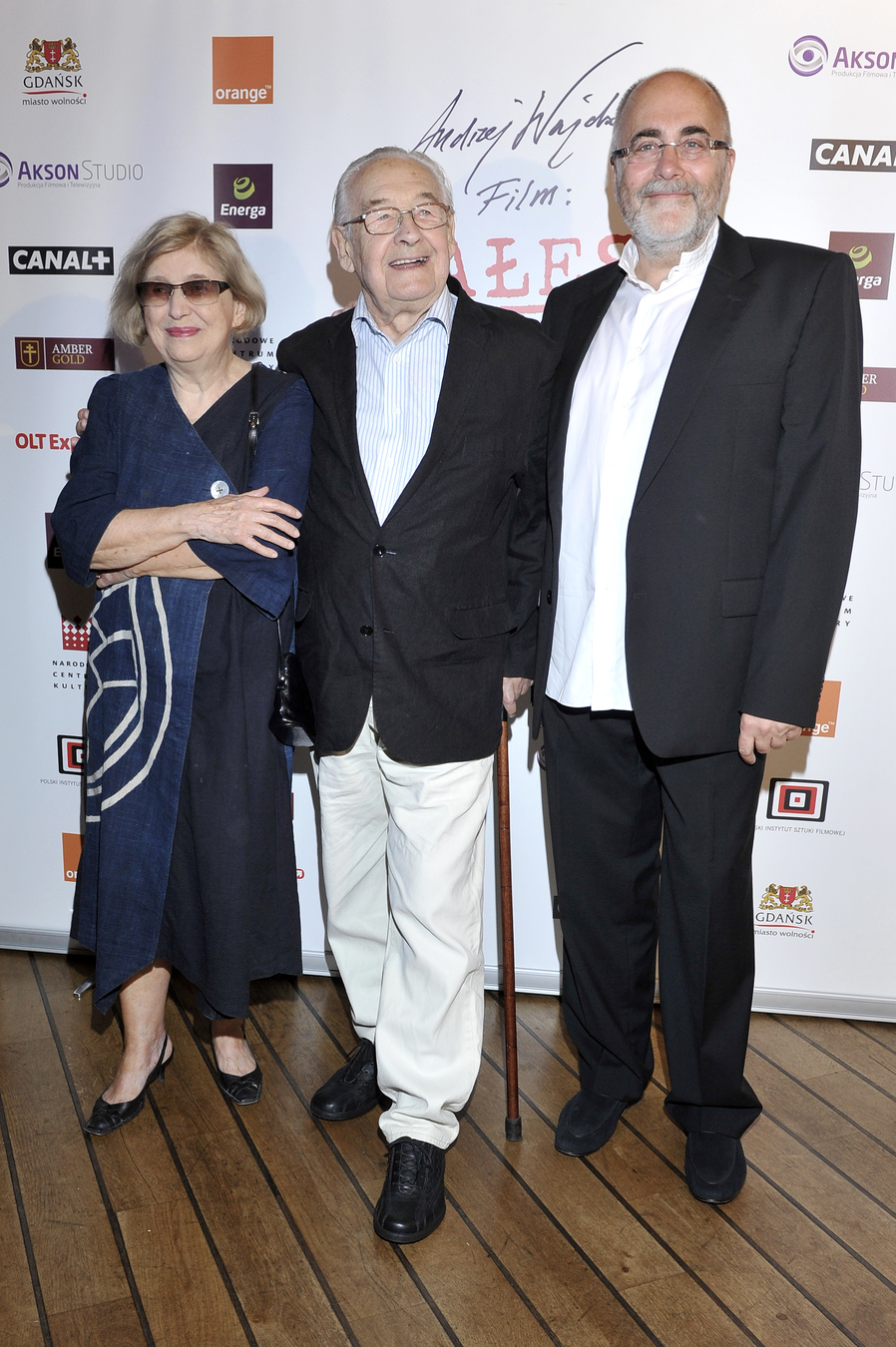 Krystyna Zachwatowicz, Andrzej Wajda i producent Michał Kwieciński na bankiecie z okazji zakończenia zdjęć do