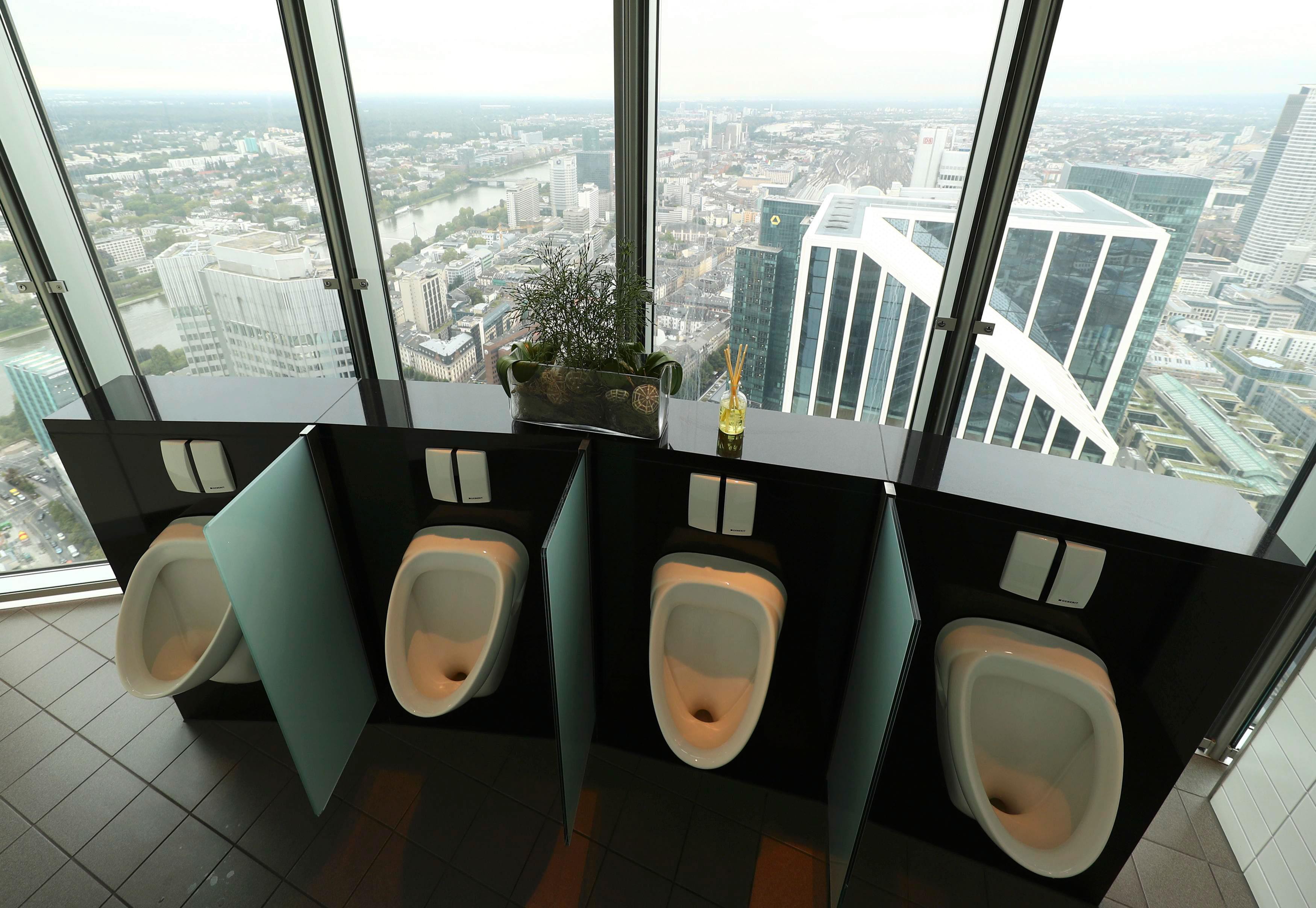 View over the city out of the restroom at the board floor of Germany's Commerzbank in downtown Frank