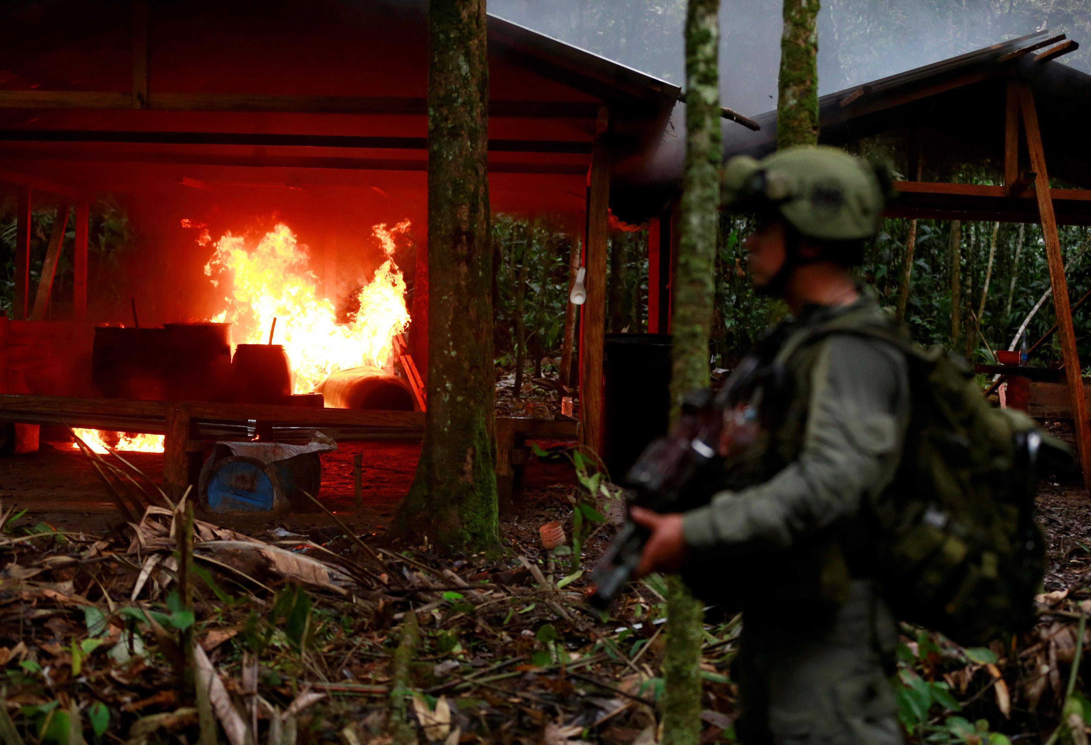 A Colombian anti-narcotics policeman stands guard after burning a cocaine lab, which police said bel