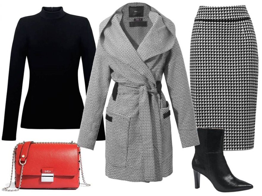Modne okrycia na wiosnę 2018: płaszcz - Midori Feminine Fashion/midori.pl, buty- Caprice/caprice.pl, golf -BlackorWhite/blackorwhite.pl, spódnica - More Moi/moremoi.com, torebka - Boca/boca.pl