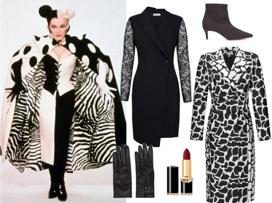 Cruella De Mon Bezwzględna, okrutna, postrach każdego dziecka oglądającego „101 dalmatyńczyków”. Wystarczy kilka elementów, aby wyglądać zupełnie jak ona: czarna sukienka, czarno-biały płaszcz oraz czarne buty.