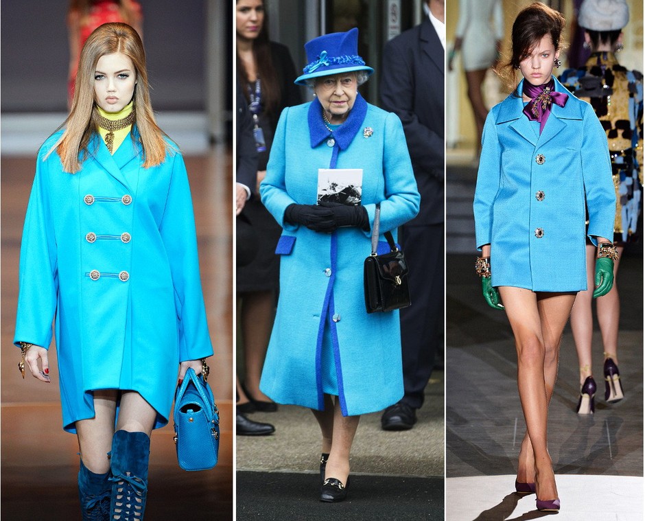 Niebieski płaszczyk Elżbiety II / Versace / DSquared2