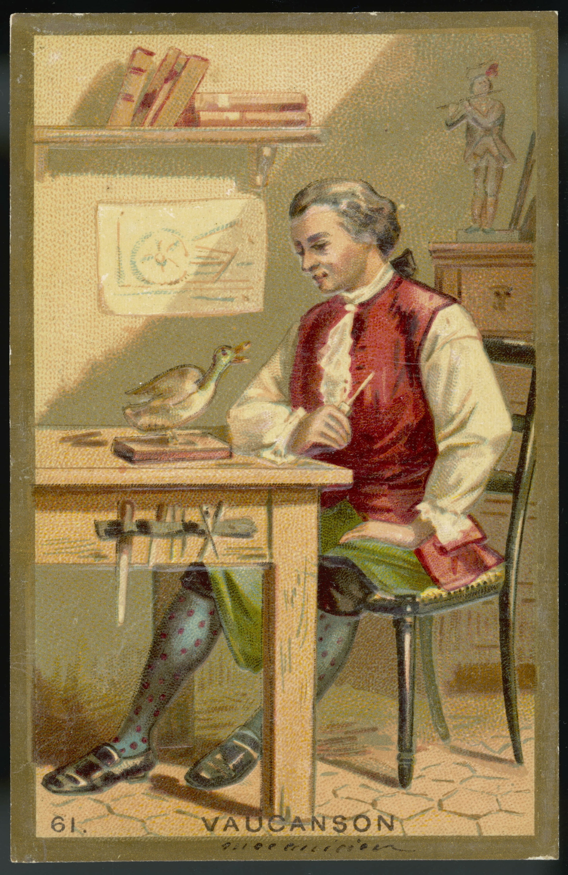 Jacques de Vaucanson (1709-1782), francuski wynalazca maszyn włókienniczych, także automatów, w tym słynnej kaczki.