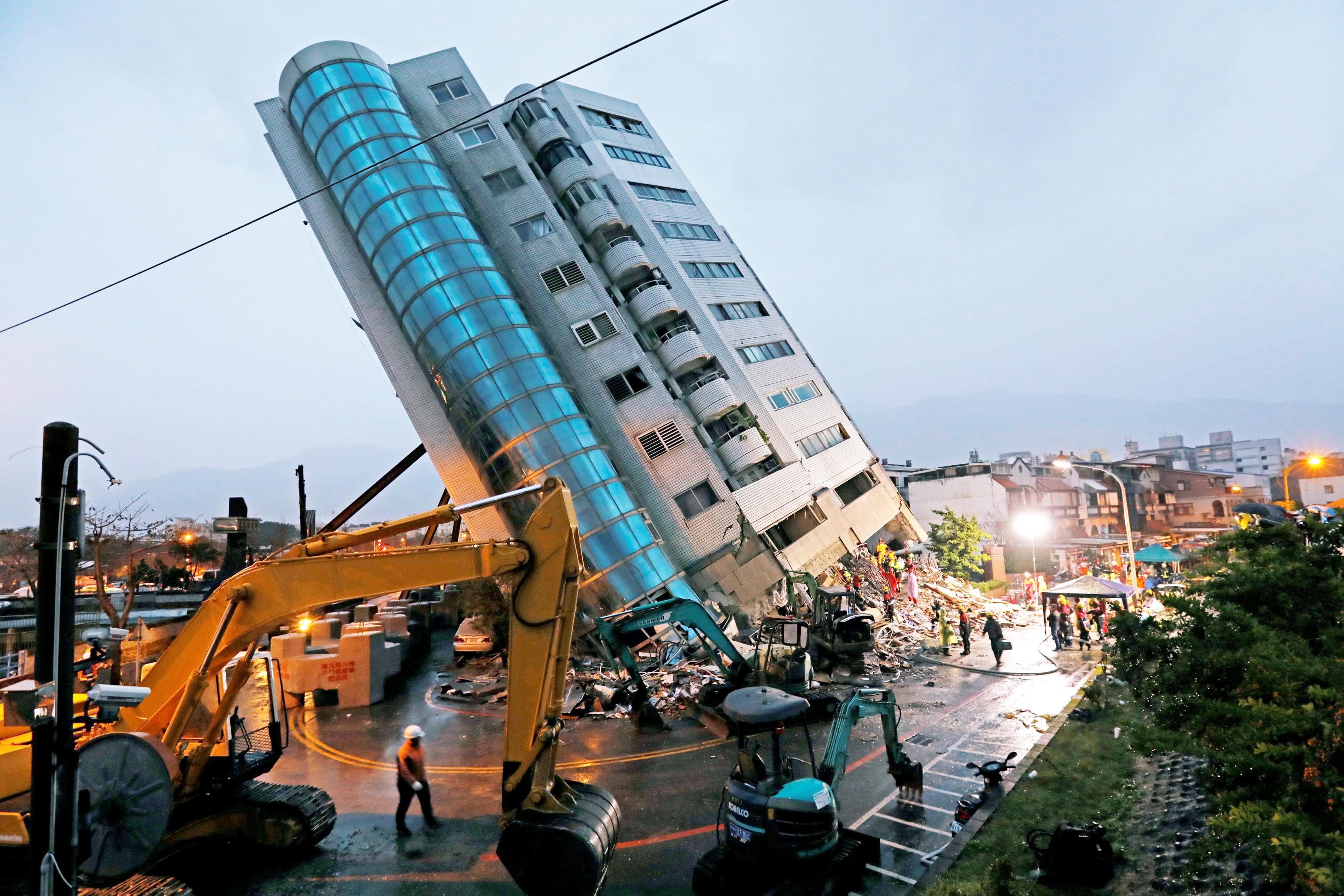 A damaged residential building is seen after an earthquake hit Hualien