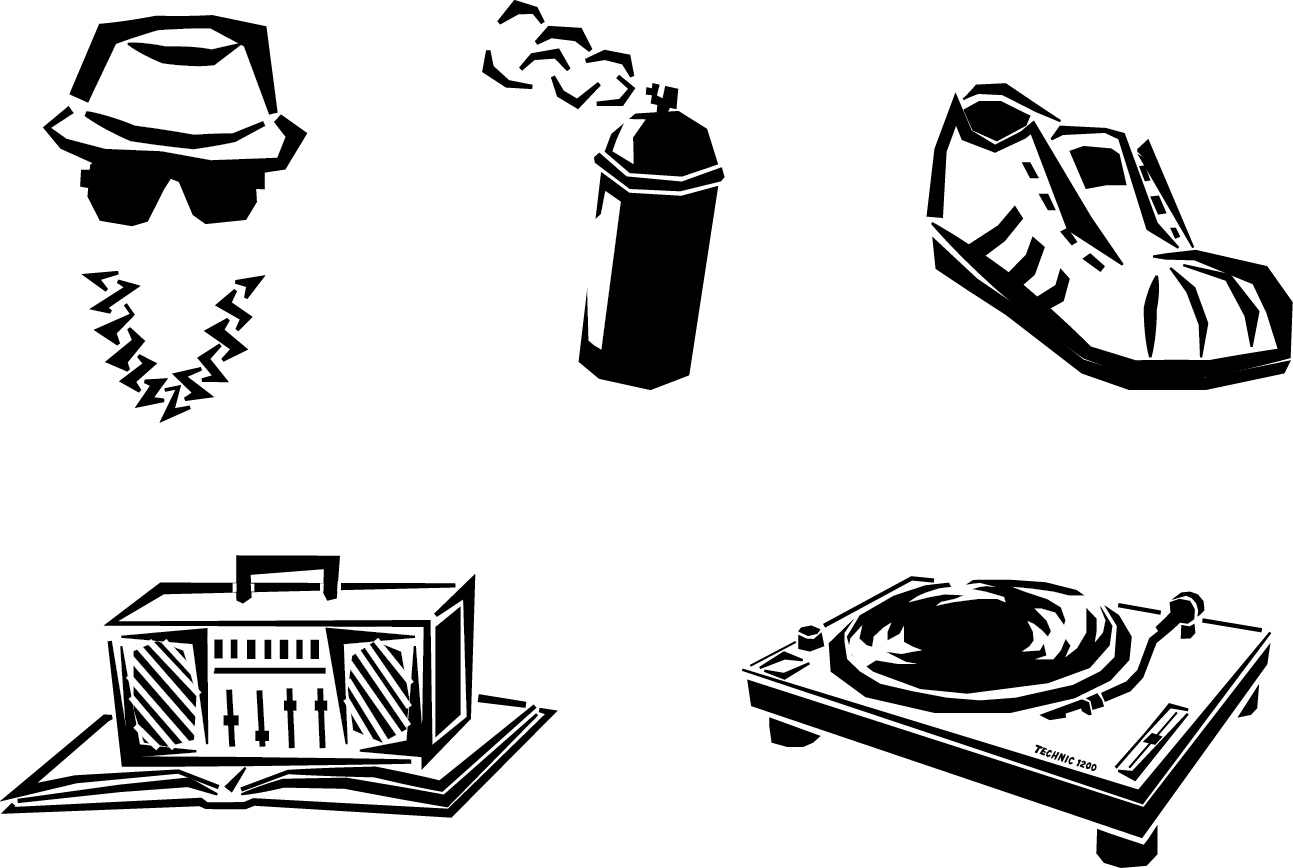 The five elements of Hip-Hop, b-boying (dancing), rapping, graffiti, beat boxing and deejaying (Kennedy Library)