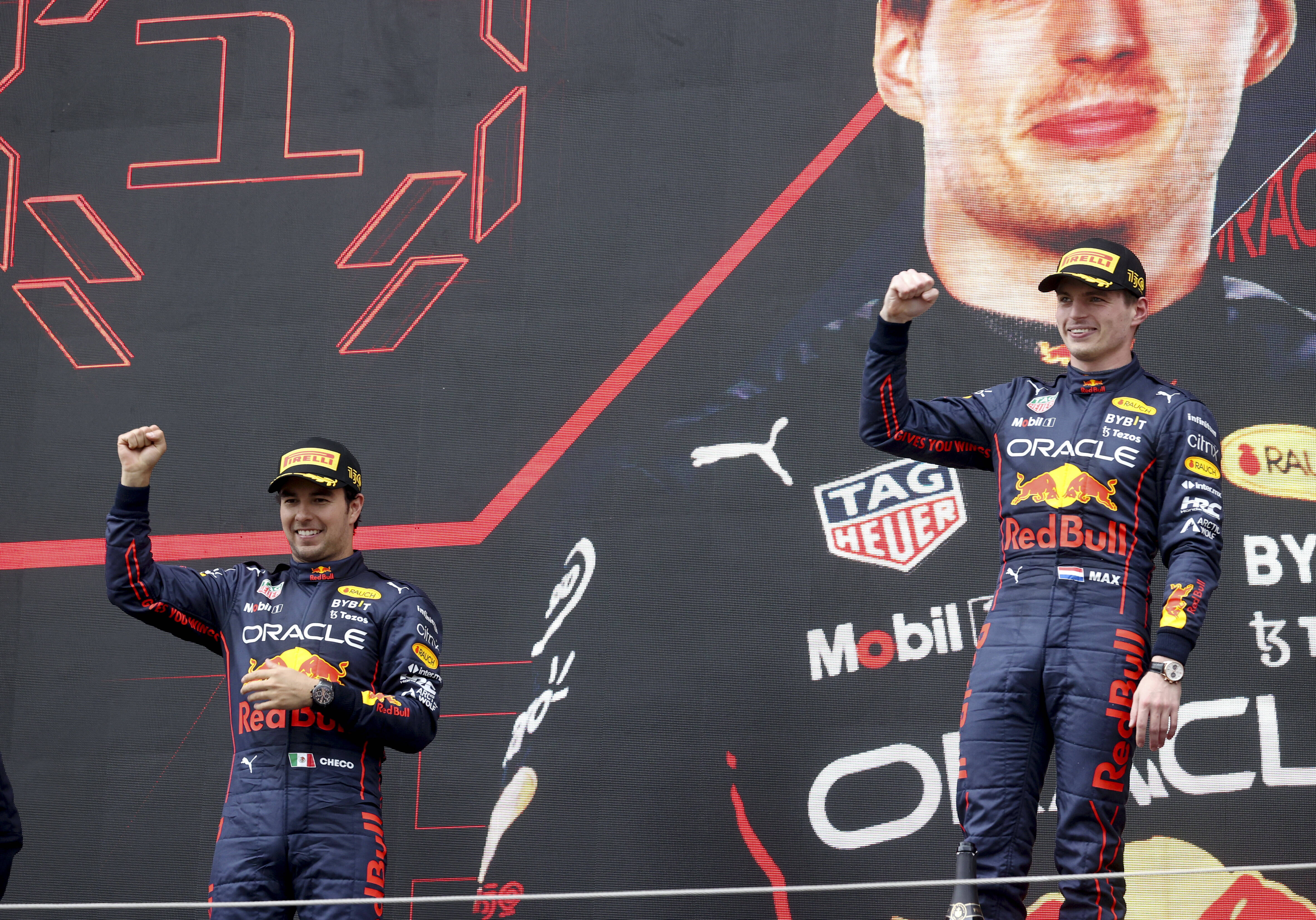 Sergio Perez (L) and Max Verstappen gave Oracle Red Bull their first one-two finish in six years