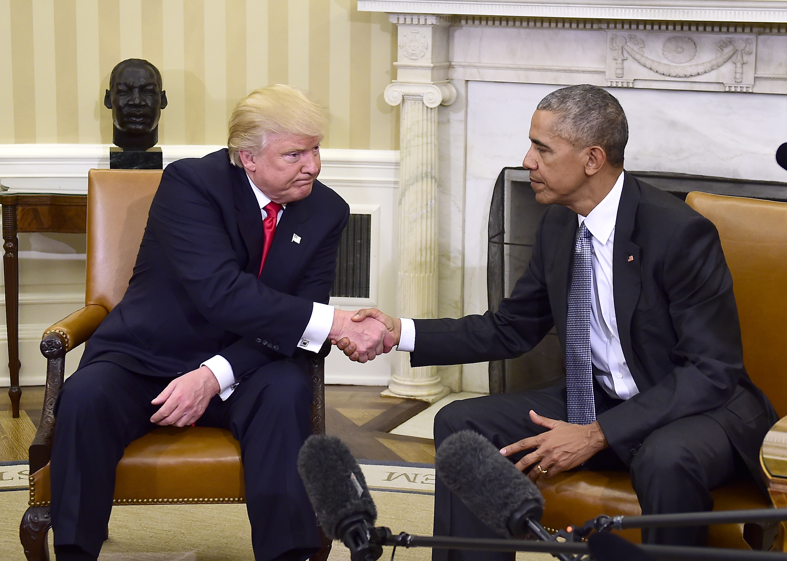 Prezydent-elekt Donald Trump i ustępujący Barack Obama na spotkaniu w Białym Domu, 10.11.2016r.