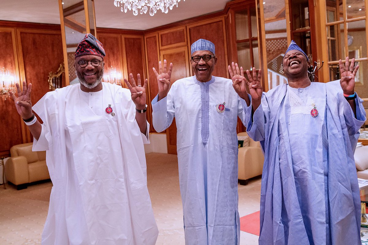 L-R: APM's Ogun governosrship candidate, Adekunle Akinlade, President Muhammadu Buhari, and Governor Ibikunle Amosun @BashirAhmaad