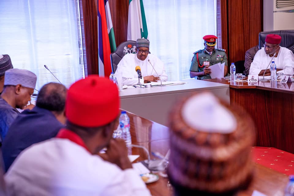 Buhari addressing the Presidential Economic Advisory Council (PEAC) at the State House, Abuja on Wednesday, October 9, 2019 [Presidency]