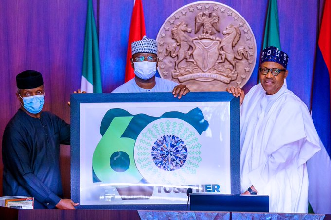 From Left: Vice President, Prof Yemi Osinbajo; the Secretary to the Government of the Federation, Boss Mustapha and President Muhammadu Buhari unveiling the logo for the 60th  Independence Anniversary. (Blueprint Newspaper)