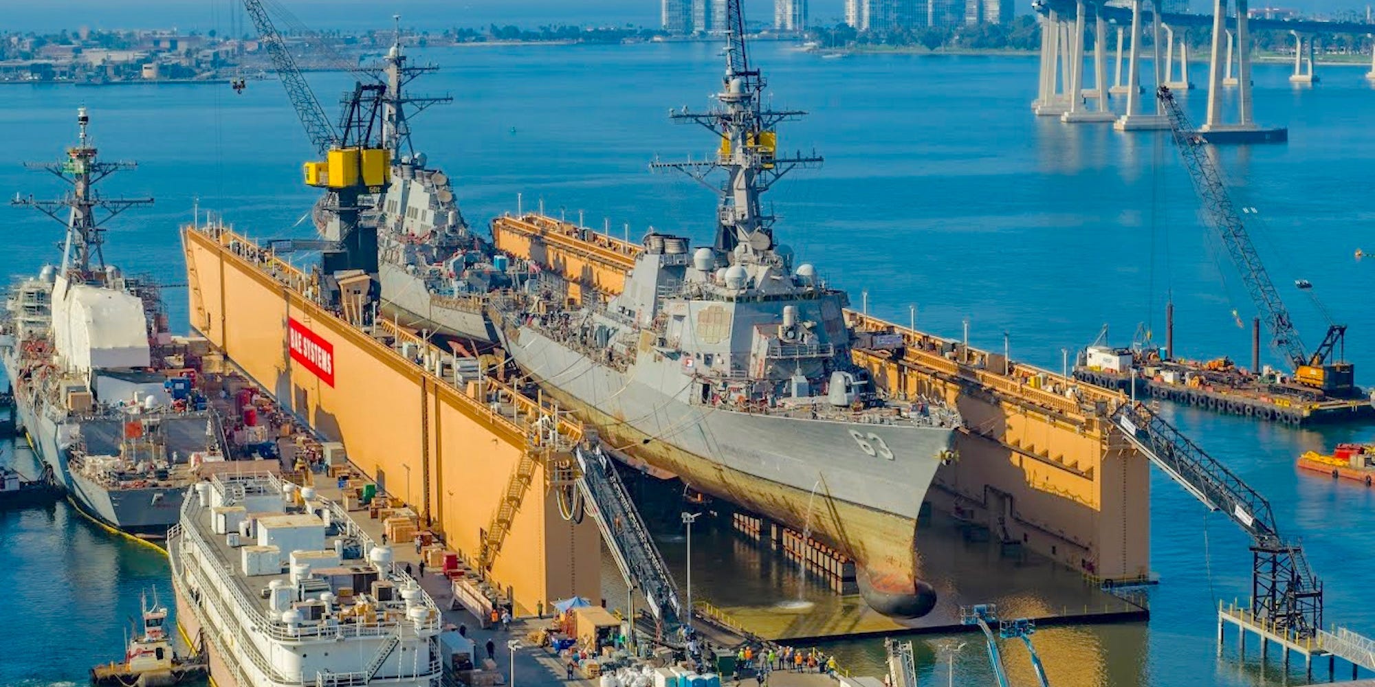 US Navy destroyers in a dry dock in San Diego in May 2020.Naval Postgraduate School/BAE Systems