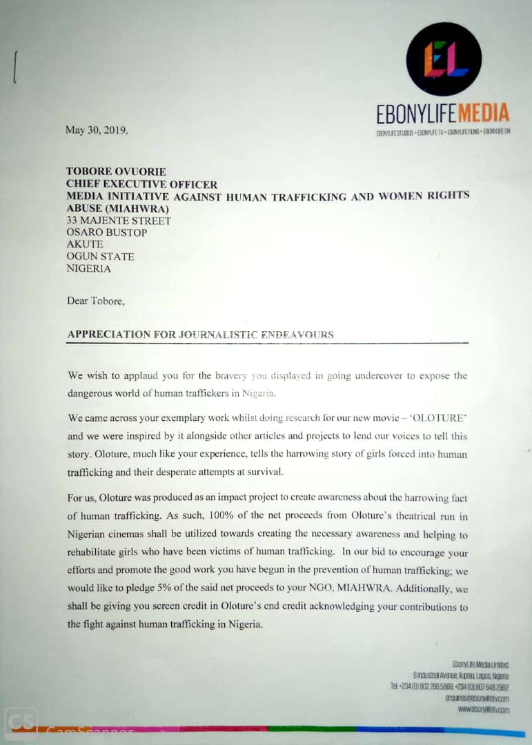 EbonyLife's letter of appreciation addressed to Tobore Ovuorie [Tobore Ovuorie]