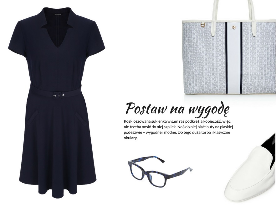 Sukienki do pracy na lato: Sukienka – VITO VERGELIS, Torba – Tory Burch, Buty – Robert Clergerie, Okulary – Matthew Williamson