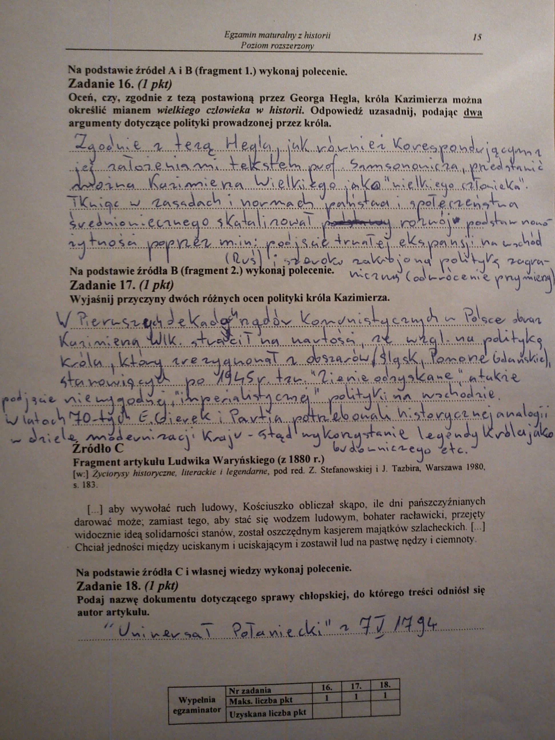 Matura z historii - odpowiedzi do zadań z poziomu rozszerzonego