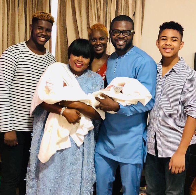 Funke Akindele joins her family, who now include newborn twins, in an intimate picture. - Instagram/funkejenifaakindele