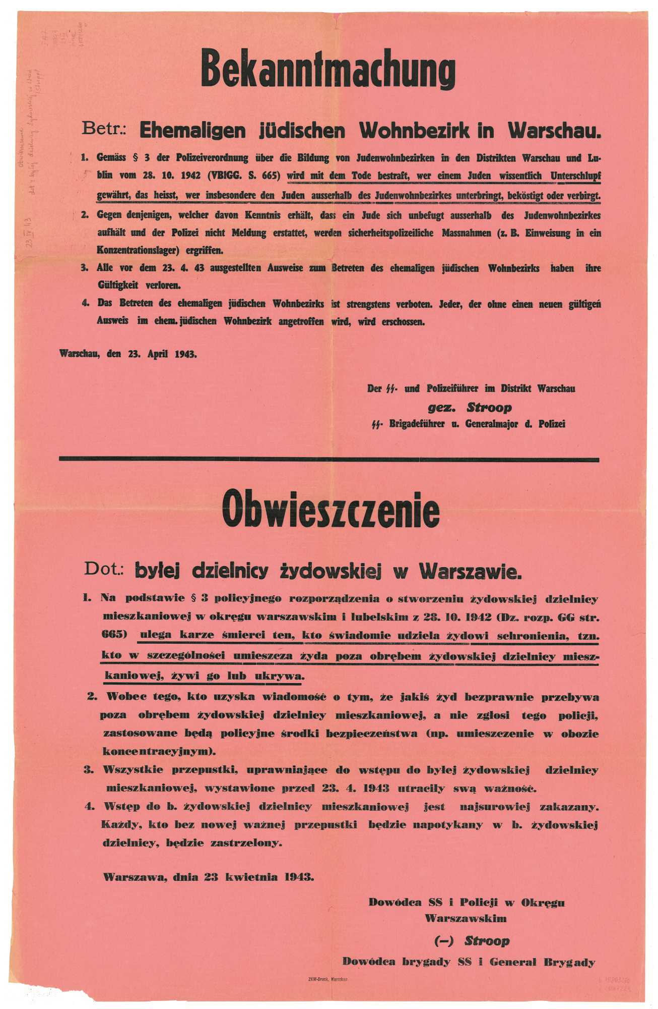 Obwieszczenie o karze śmierci za pomoc Żydom podpisane przez dowódcę SS i Policji Jürgena Stroppa z 23 kwietnia 1943 r. 