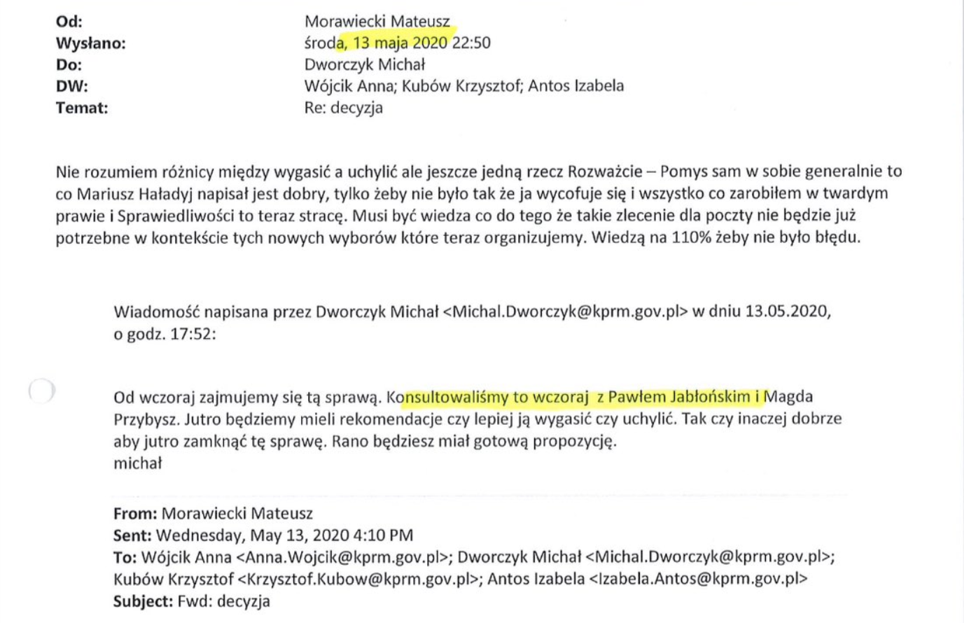 Fragment maila dotyczącego wyborów kopertowych, w którym pojawia się informacja o konsultowaniu sprawy z Pawłem Jabłońskim
