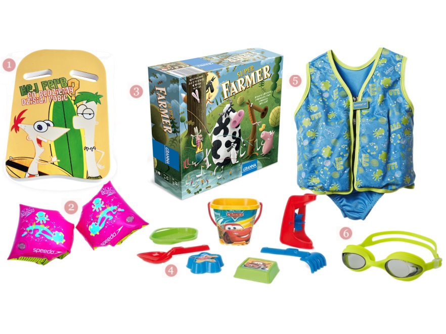 1. Deska do nauki pływania Vision One, 42 zł; 2. Pływaczki na ramiona Speedo Sea Squad Armbands, 35 zł; 3. Gra Granna SuperFarmer DELUX, 56,29 zł; 4. Zabawki do piasku Wader Disney Cars 77642, 11,89 zł; 5. Kamizelka do pływania dla dzieci 2-3 lata Speedo Sea Squad Swim Ves 89 zł; 6. Okularki do pływania dla dzieci Move Team Otylia, 20 zł.