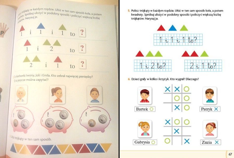 Świnka skarbonka została zamieniona na grę w kółko i krzyżyk. Cyfry i proste działania pojawiają się również w wersji pisanej, nie tylko drukowanej.