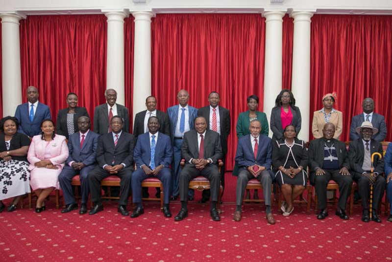 President Uhuru Kenyatta and Raila Odinga with members of the Building Bridges Initiative taskforce at State House