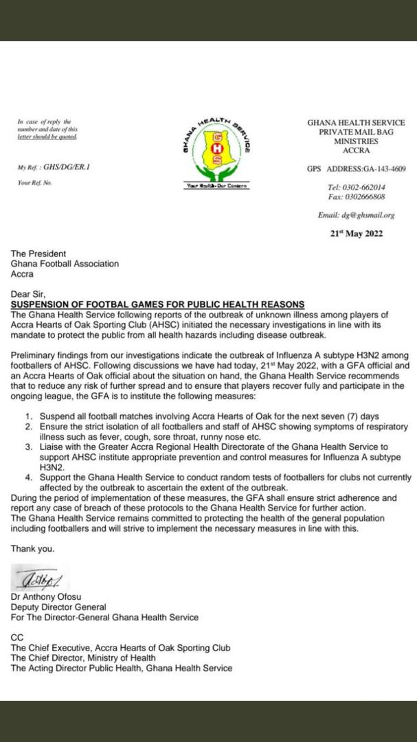 Suspend Hearts of Oak’s matches temporarily over ‘strange’ disease - GHS to GFA