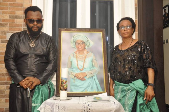 Dbanj’s Manager Damian Okoroafor stands close to late mothers’ condolence register and portrait (NAN)