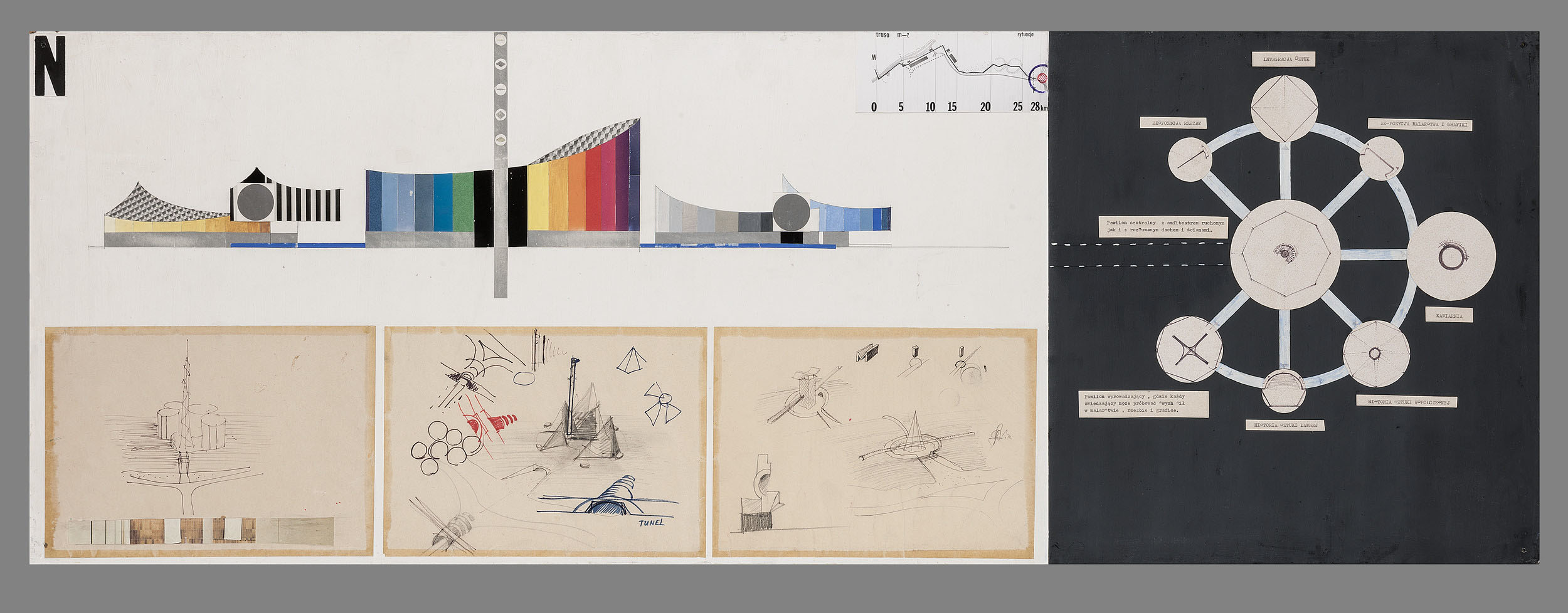Roman i Eugeniusz Nygowie Projekt filii Muzeum Narodowego na Zalewie Zegrzyńskim, 1971 kolaż, druk, gwasz, tusz, flamaster, długopis, ołówek, papier na sklejce, 48,5 × 137,5 cm, Muzeum Narodowe w Warszawie