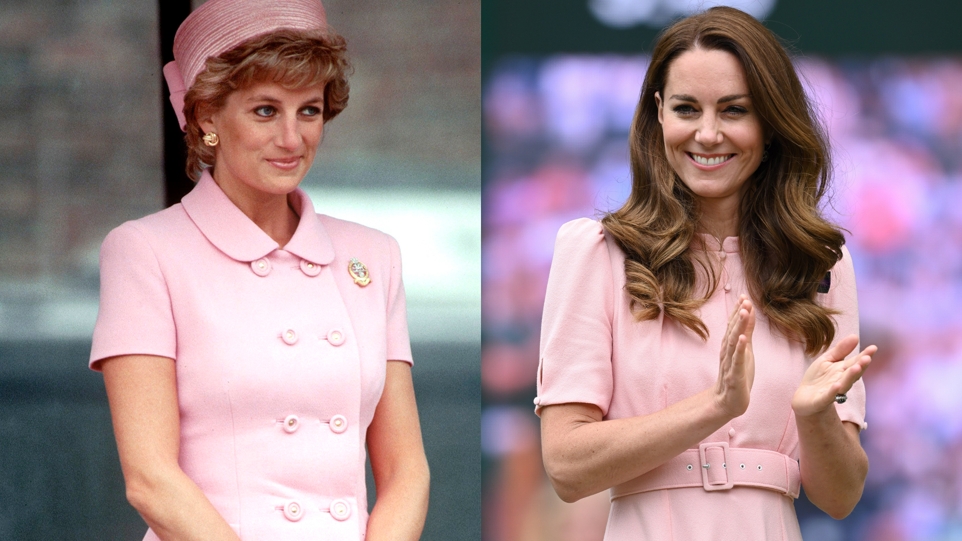 Diana hercegnő rózsaszín Versace kosztümöt visel 1995-ben, évtizedekkel később Katalin hercegné hasonló rózsaszín Belulah ruhában ragyog 2021-ben | Fotók: Tim Graham; Karwai Tang