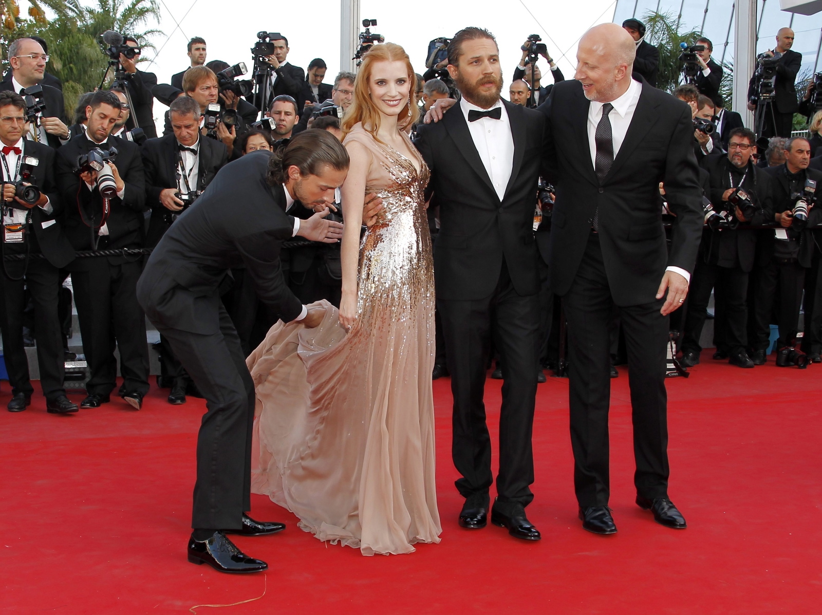 Jessica Chastain, Shia LaBeouf, Tom Hardy i reżyser John Hillcoat na premierze