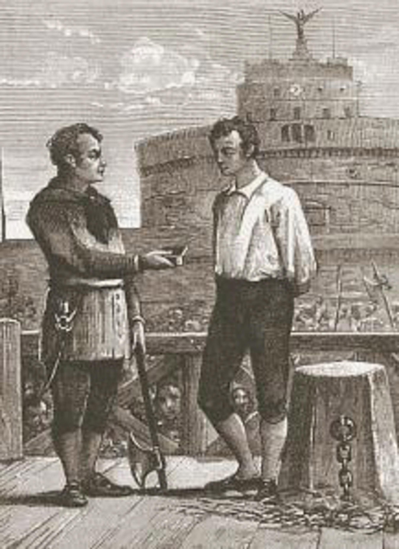 Mastro Titta oferuje tabakę skazanemu na śmierć przed wykonaniem egzekucji, drzeworyt, XIX w.