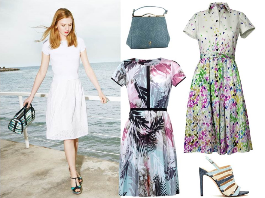Mama w wielkim mieście. STYLIZACJA: : sukienka w motyw liści - Modern Line/ modernline.pl, szmizjerka - Midori Feminine Fashion/midori.pl, torebka i buty - Menbur/menbur.pl
