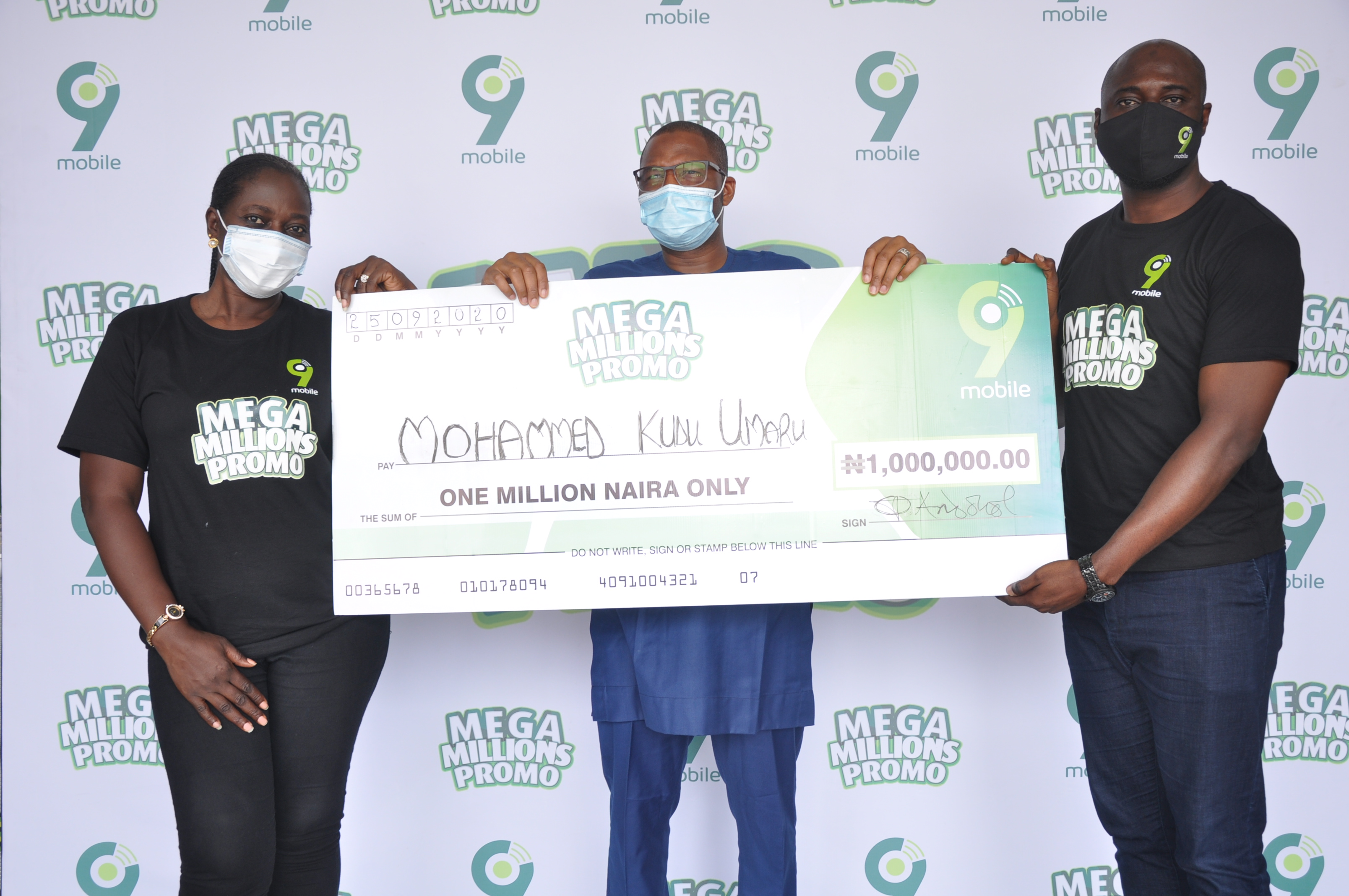 Kate Agishi, 9mobile Experience Centre Manager, Ropp House Abuja; Mohammed Kudu Umaru, N1million winner and Mr. Yusuf Isah, 9mobile Regional Sales Manager Retail North at the ongoing 9mobile Mega Millions Promo prize presentation in Abuja