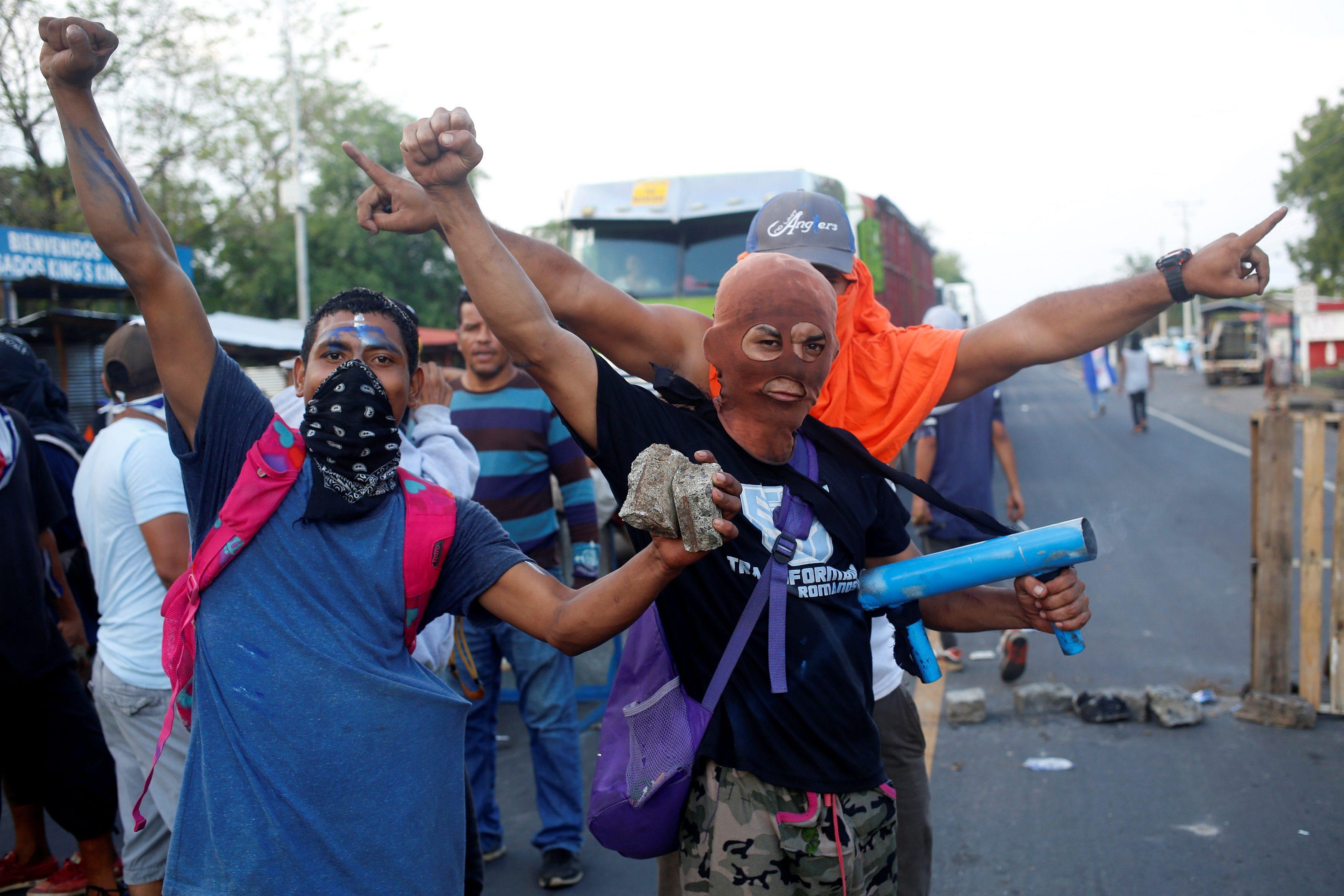 Demonstrators pose for a photo during a protest against President Daniel Ortega's government in Leon